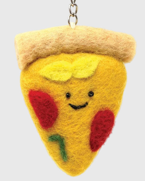Felt pizza slice keychain with a smiling face on a white background