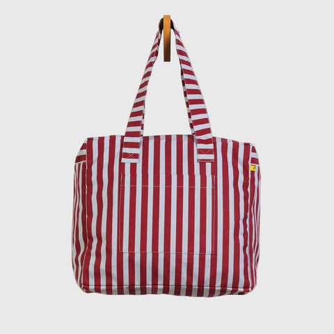 Red and white striped tote bag on a white background