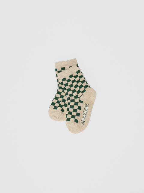 Checkerboard Crew Socks in Green/Tan
