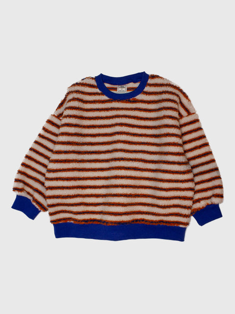 Striped sweater with brown and blue pattern on a white background