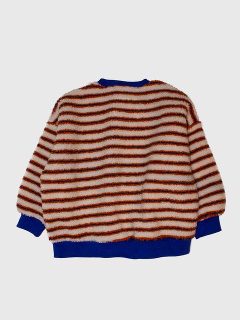 Striped sweater with brown and blue pattern on a white background