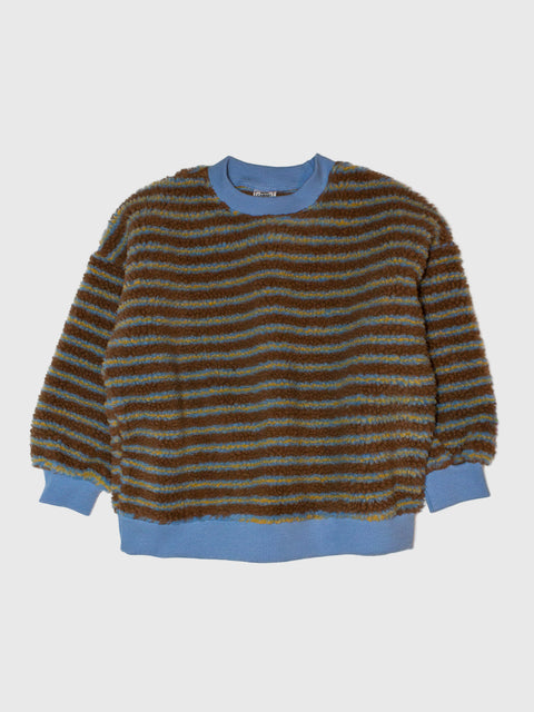 Striped sweater with brown and blue pattern on a white background