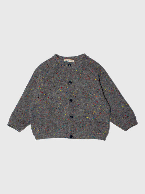 Gray textured cardigan with buttons on a white background