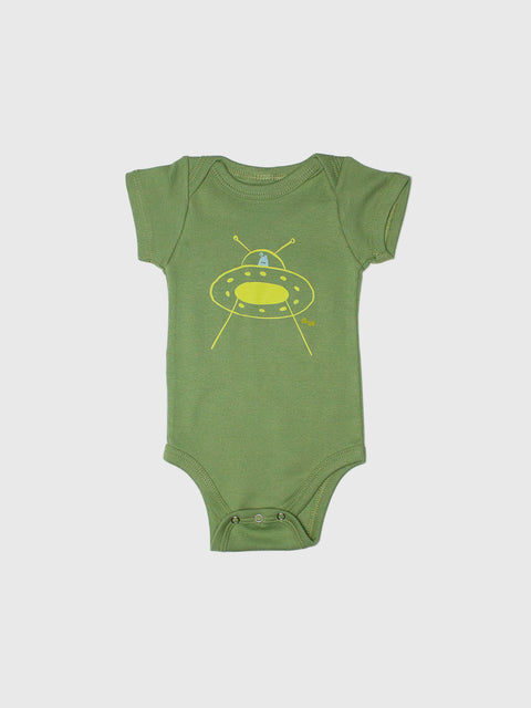 Green baby onesie with a UFO design on a white background