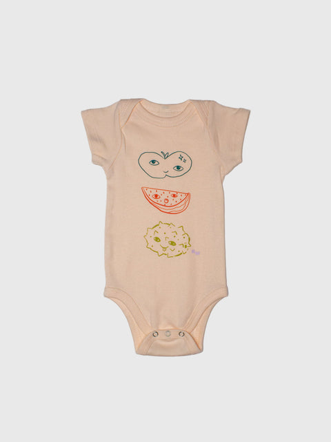 Beige baby onesie with colorful graphics on a white background