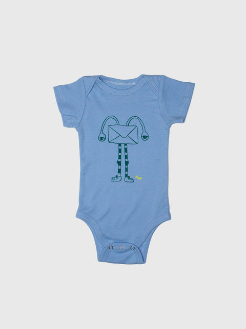 Blue baby onesie with a graphic design on a light gray background