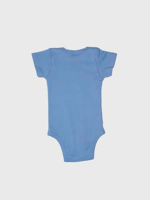 Blue baby onesie on a light gray background