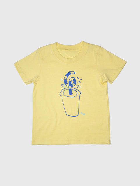 Yellow t-shirt with a blue graphic design on a white background