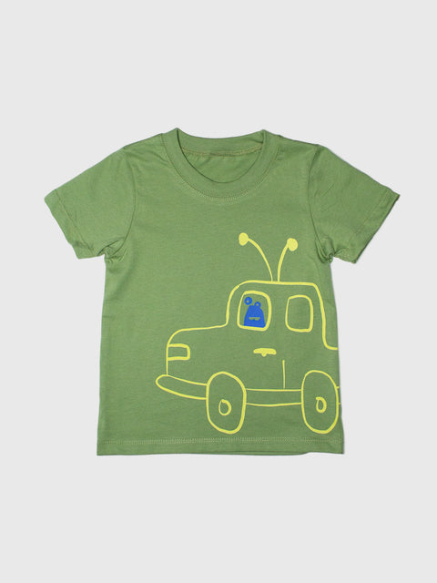 Green t-shirt with a yellow truck design on a white background