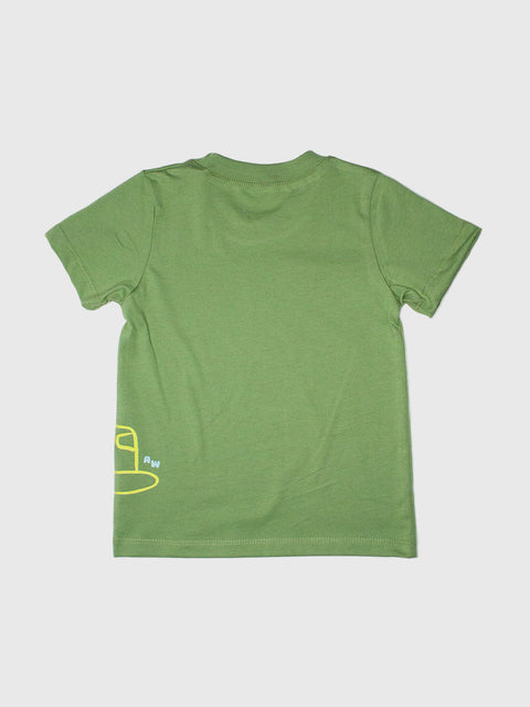 Green t-shirt with a small yellow logo on the back against a white background