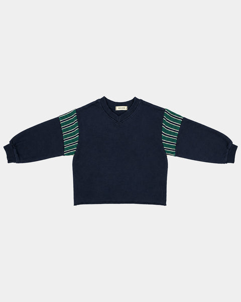 Contrast Stripe V-Neck Sweatshirt in Navy