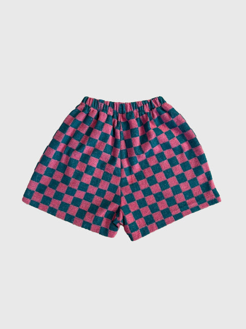 Terry Cloth Check Shorts in Teal/Pink