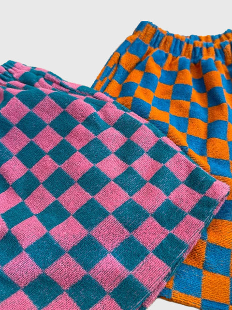 Terry Cloth Check Shorts in Teal/Orange
