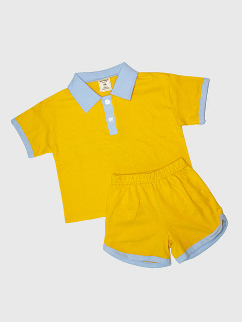 Retro Ringer Polo Shirt in Mustard/Sky Blue