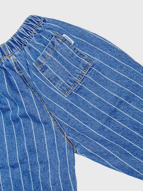 Pinstripe Pull-On Denim Pants in Medium Blue