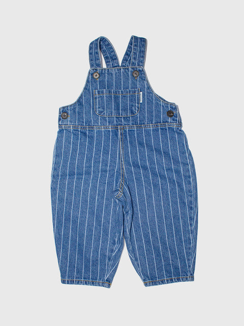 Pinstripe Denim Overalls in Medium Blue