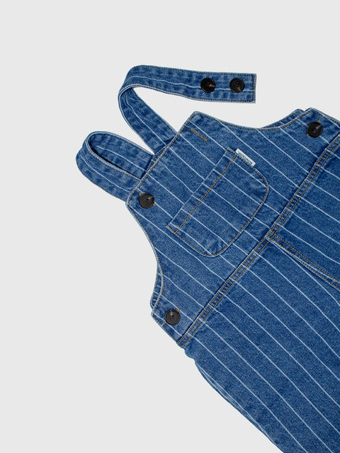 Pinstripe Denim Overalls in Medium Blue