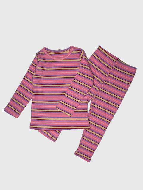 Striped Ribbed Pajamas Set in Pink Multi
