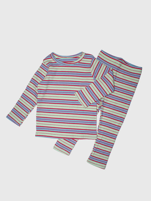 Striped Ribbed Pajamas Set in Green Multi