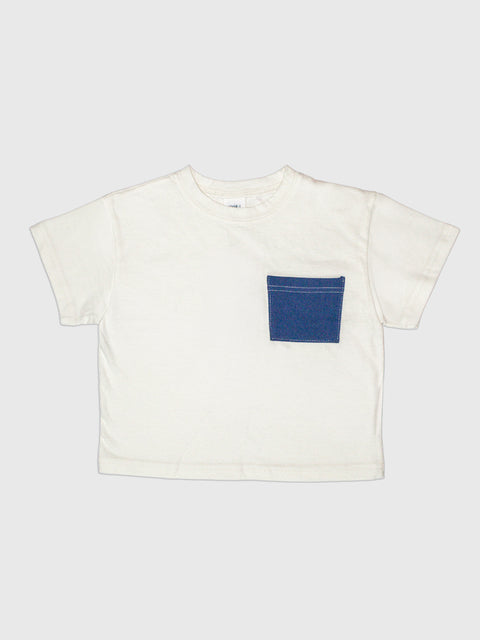 White t-shirt with a blue pocket on a white background