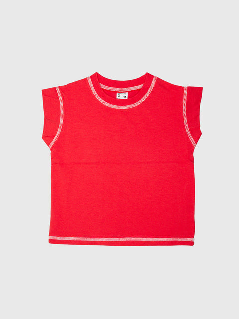 Contrast Stitch Muscle Tee in Tomato Red