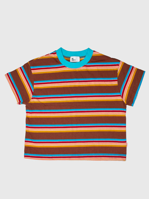 Retro Striped Boxy Tee in Brown/Teal Multi