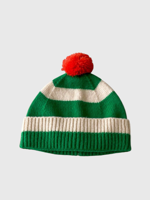 Striped Pom Pom Beanie in Green