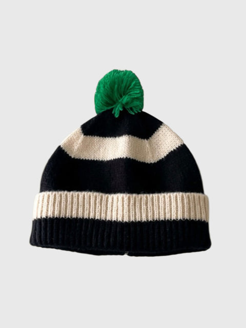 Striped Pom Pom Beanie in Navy
