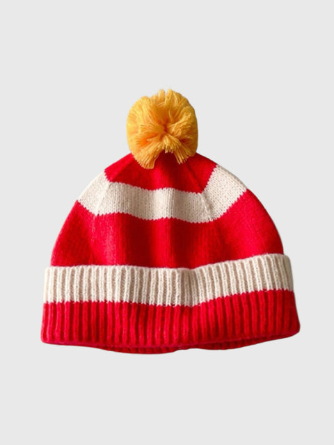 Striped Pom Pom Beanie in Red