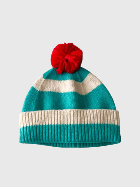 Striped Pom Pom Beanie in Teal